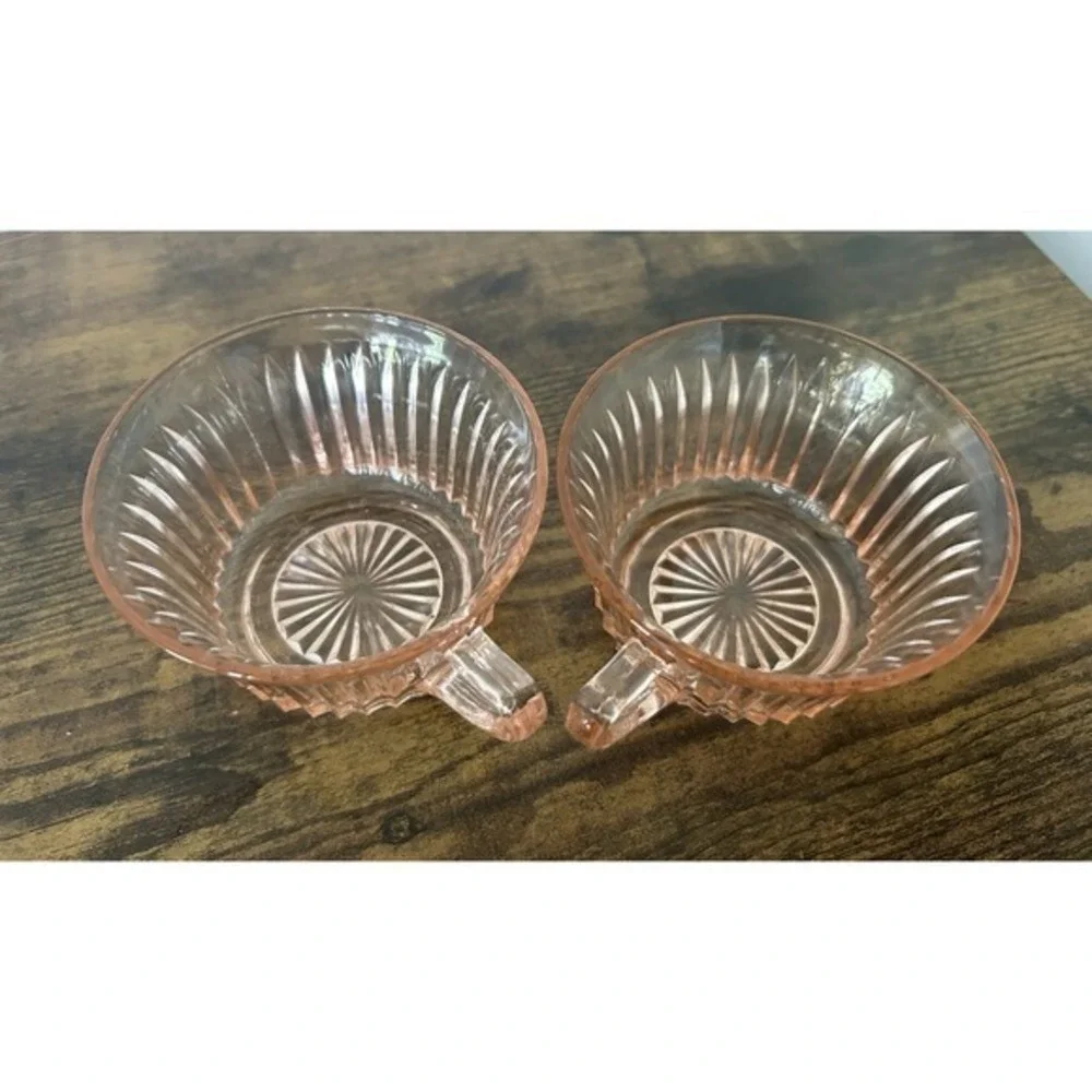 PAIR 2-PC Anchor Hocking Pink Depression Glass Cups Queen Mary‎ Rubber Pattern